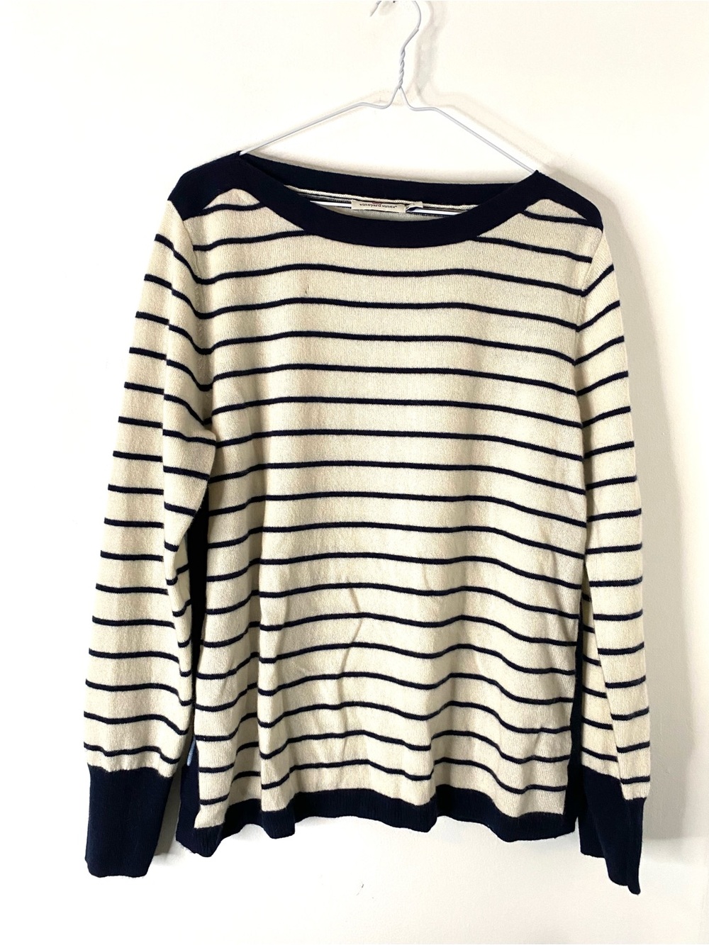Vineyard Vines 100% Cashmere Ivory Navy Stripe Side Split Sweater